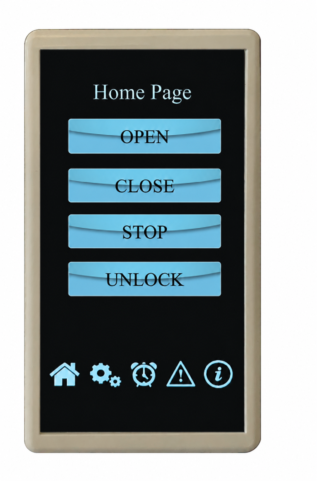 12-in-1 door touchscreen displaying open, close, stop and unlock commands